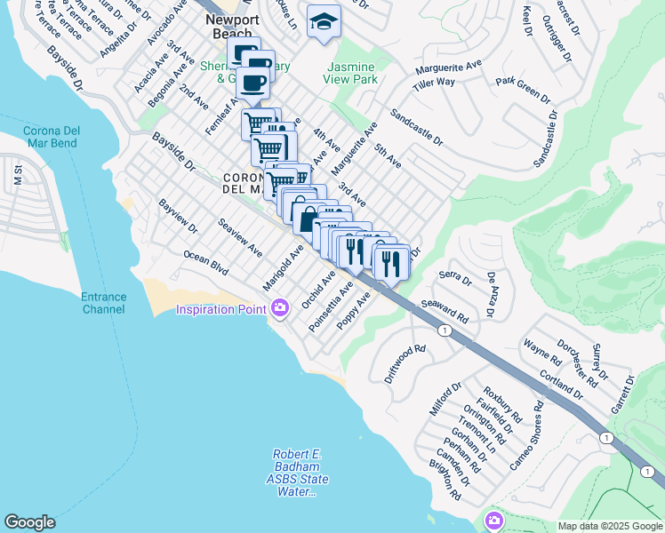 map of restaurants, bars, coffee shops, grocery stores, and more near 3707 East Coast Highway in Newport Beach