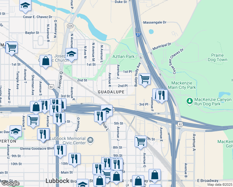 map of restaurants, bars, coffee shops, grocery stores, and more near 1102 3rd Street in Lubbock