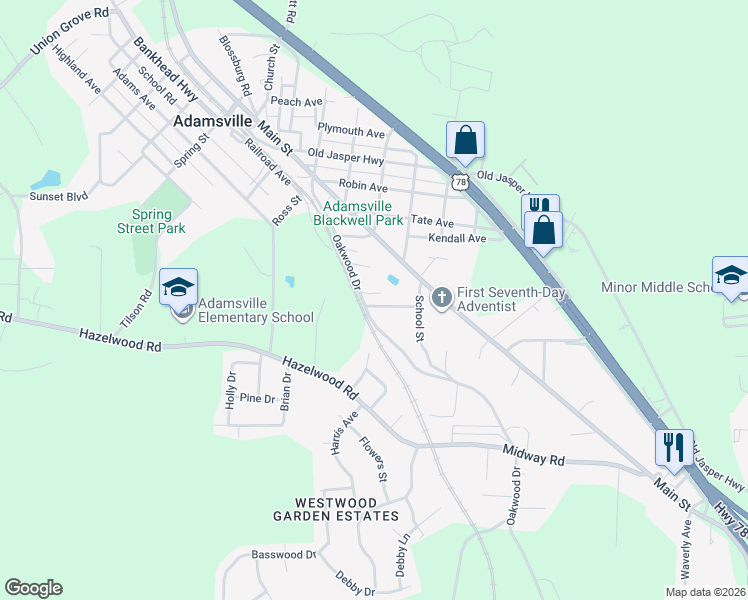 map of restaurants, bars, coffee shops, grocery stores, and more near 4320 Oakwood Drive in Adamsville
