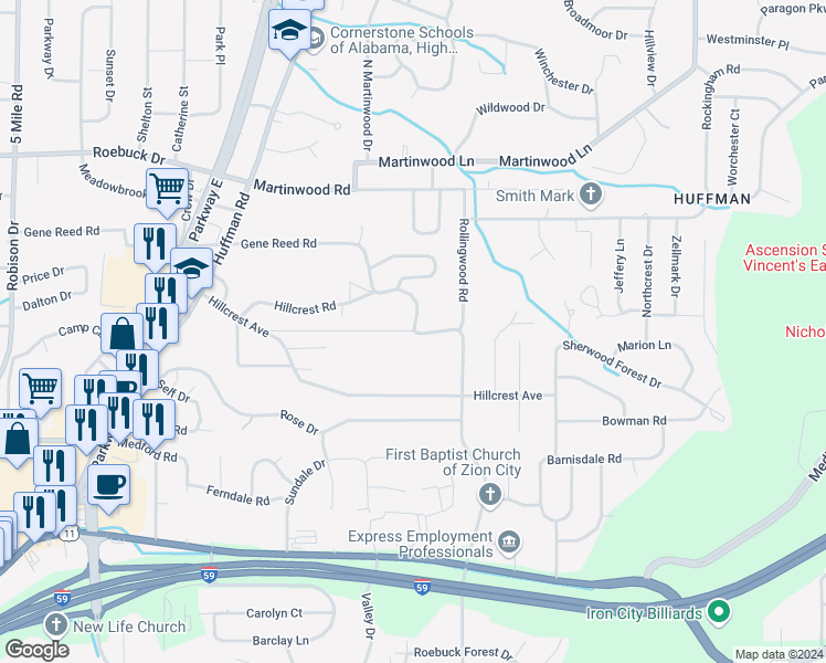 map of restaurants, bars, coffee shops, grocery stores, and more near 898 School Avenue in Birmingham