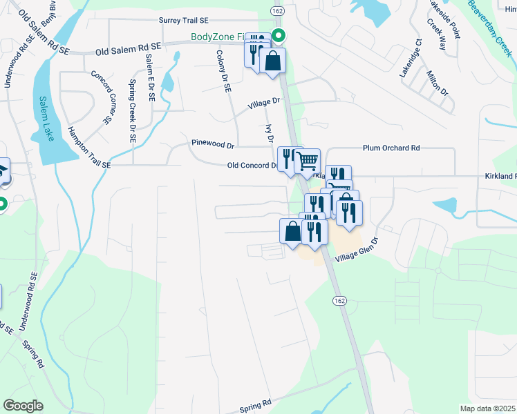 map of restaurants, bars, coffee shops, grocery stores, and more near 3559 Salem Road in Covington