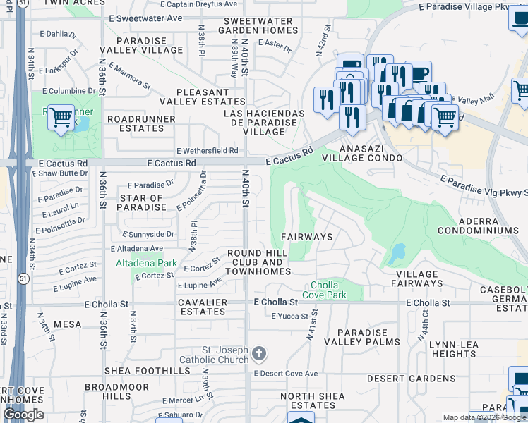 map of restaurants, bars, coffee shops, grocery stores, and more near 4029 East Sunnyside Drive in Phoenix