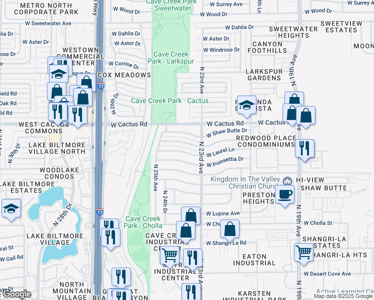 map of restaurants, bars, coffee shops, grocery stores, and more near 2348 West Poinsettia Drive in Phoenix