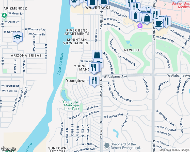 map of restaurants, bars, coffee shops, grocery stores, and more near 12034 North 112th Avenue in Youngtown