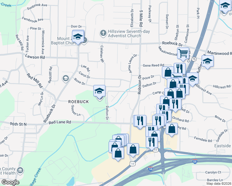 map of restaurants, bars, coffee shops, grocery stores, and more near 228 Garden Lane in Birmingham