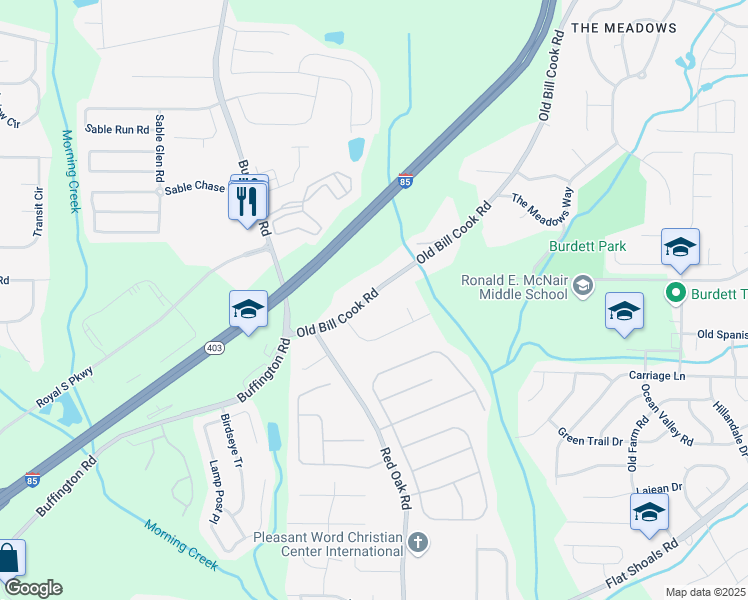 map of restaurants, bars, coffee shops, grocery stores, and more near 5920 Old Bill Cook Road in College Park