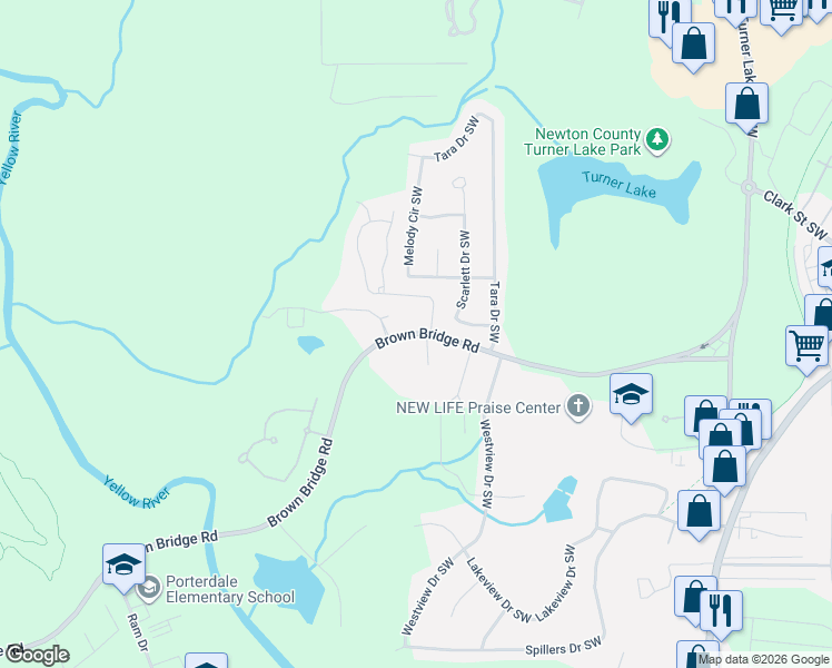 map of restaurants, bars, coffee shops, grocery stores, and more near 10107 Brown Bridge Road in Covington