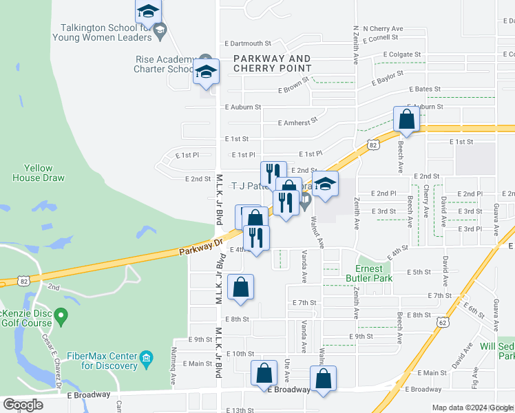 map of restaurants, bars, coffee shops, grocery stores, and more near 222 Redbud Avenue in Lubbock