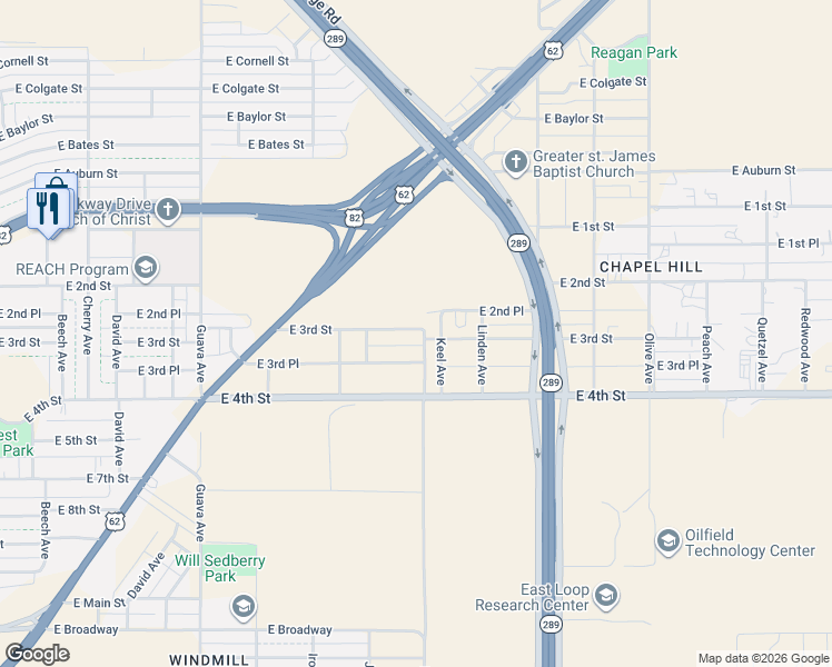 map of restaurants, bars, coffee shops, grocery stores, and more near 3621 East 3rd Place in Lubbock