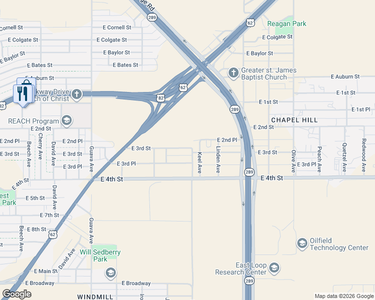 map of restaurants, bars, coffee shops, grocery stores, and more near 3621 East 3rd Place in Lubbock