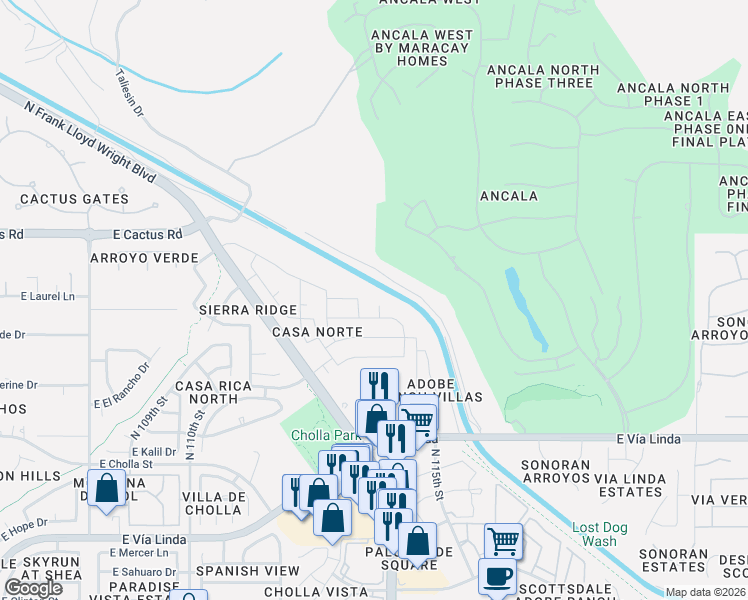 map of restaurants, bars, coffee shops, grocery stores, and more near 11355 East Sunnyside Drive in Scottsdale