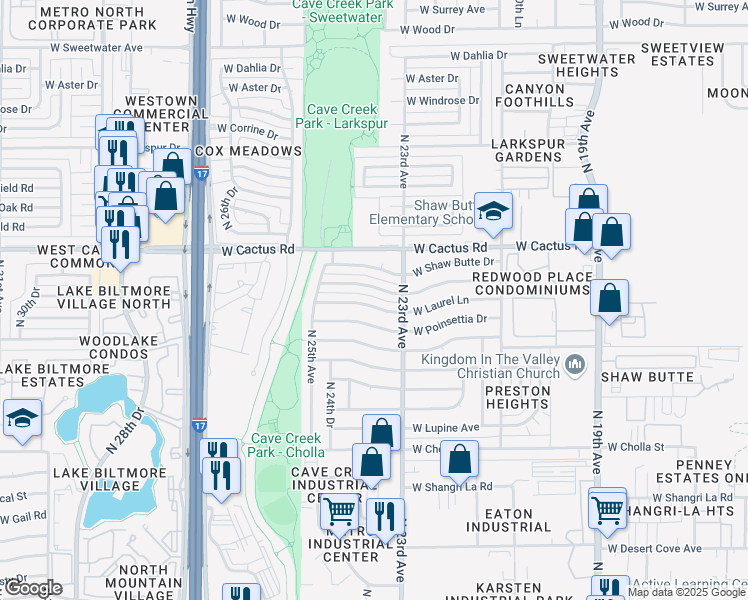 map of restaurants, bars, coffee shops, grocery stores, and more near 2348 West Poinsettia Drive in Phoenix