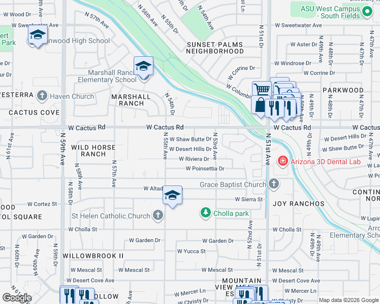 map of restaurants, bars, coffee shops, grocery stores, and more near 5428 West Poinsettia Drive in Glendale