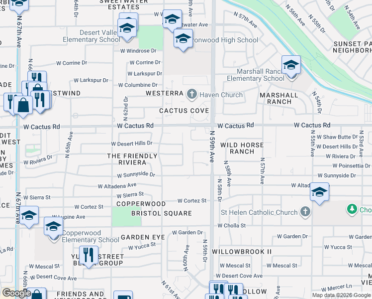 map of restaurants, bars, coffee shops, grocery stores, and more near 11840 North 59th Lane in Glendale