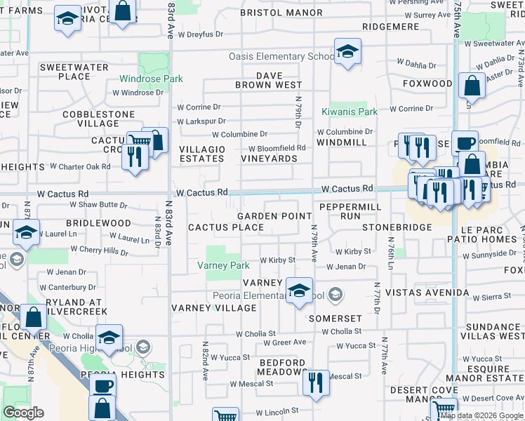 map of restaurants, bars, coffee shops, grocery stores, and more near 11966 North 80th Avenue in Peoria
