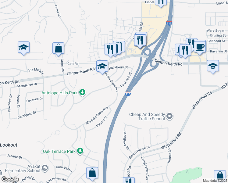 map of restaurants, bars, coffee shops, grocery stores, and more near 36296 Redbud Lane in Murrieta