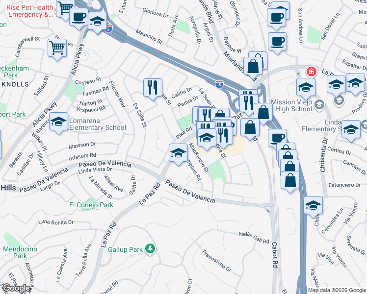 map of restaurants, bars, coffee shops, grocery stores, and more near 25361 Champlain Road in Laguna Hills