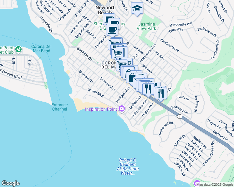map of restaurants, bars, coffee shops, grocery stores, and more near 218 Marigold Avenue in Newport Beach