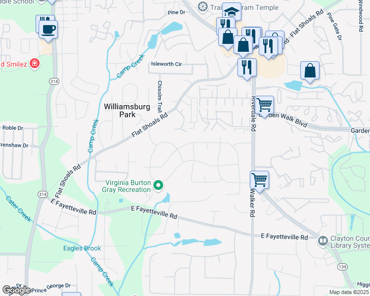 map of restaurants, bars, coffee shops, grocery stores, and more near 1386 Pineglen Drive in Riverdale