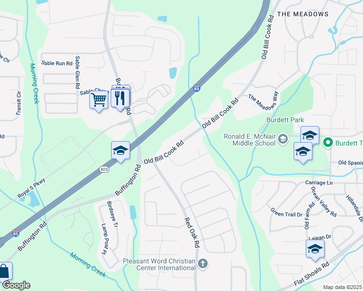 map of restaurants, bars, coffee shops, grocery stores, and more near 5920 Old Bill Cook Road in College Park