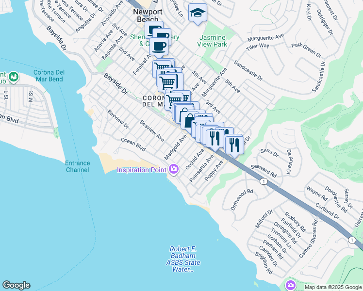 map of restaurants, bars, coffee shops, grocery stores, and more near 310 Marigold Avenue in Newport Beach