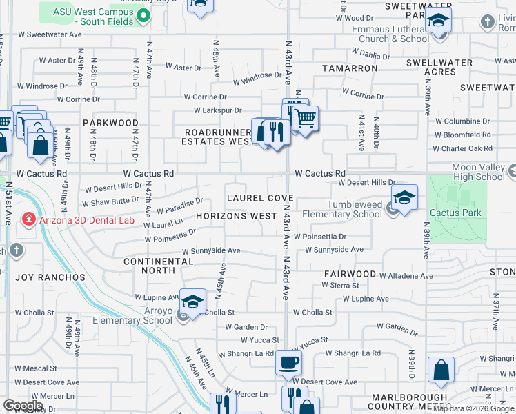 map of restaurants, bars, coffee shops, grocery stores, and more near 11838 North 44th Avenue in Glendale