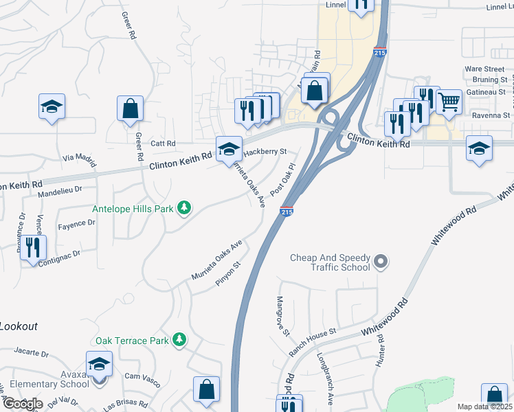 map of restaurants, bars, coffee shops, grocery stores, and more near 36296 Redbud Lane in Murrieta