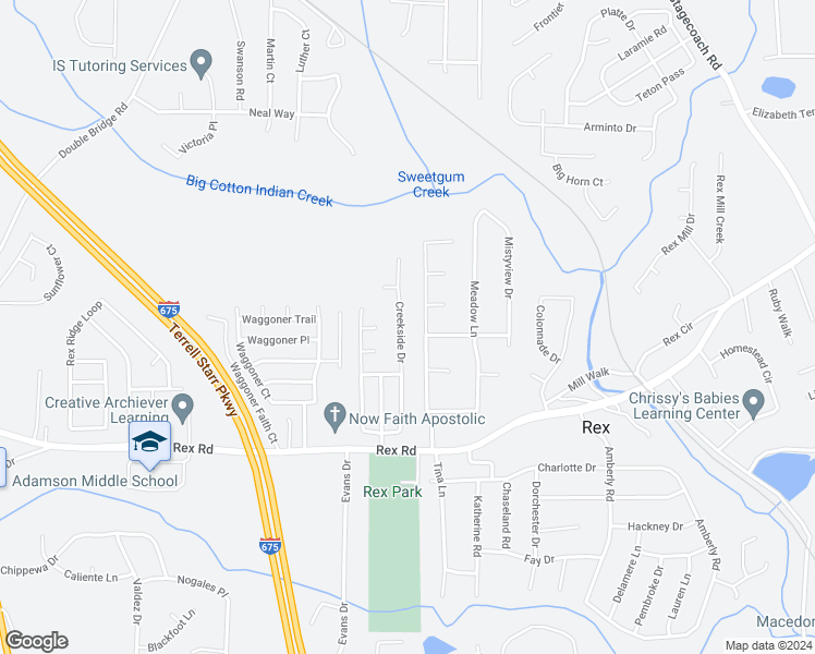 map of restaurants, bars, coffee shops, grocery stores, and more near 5858 Creekside Drive in Rex