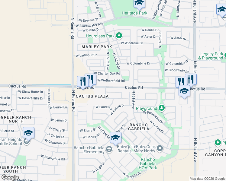 map of restaurants, bars, coffee shops, grocery stores, and more near 15256 Shaw Butte Drive North in Surprise