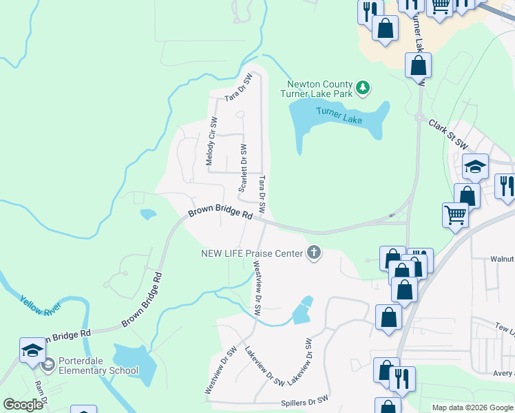 map of restaurants, bars, coffee shops, grocery stores, and more near 9107 Tara Drive Southwest in Covington