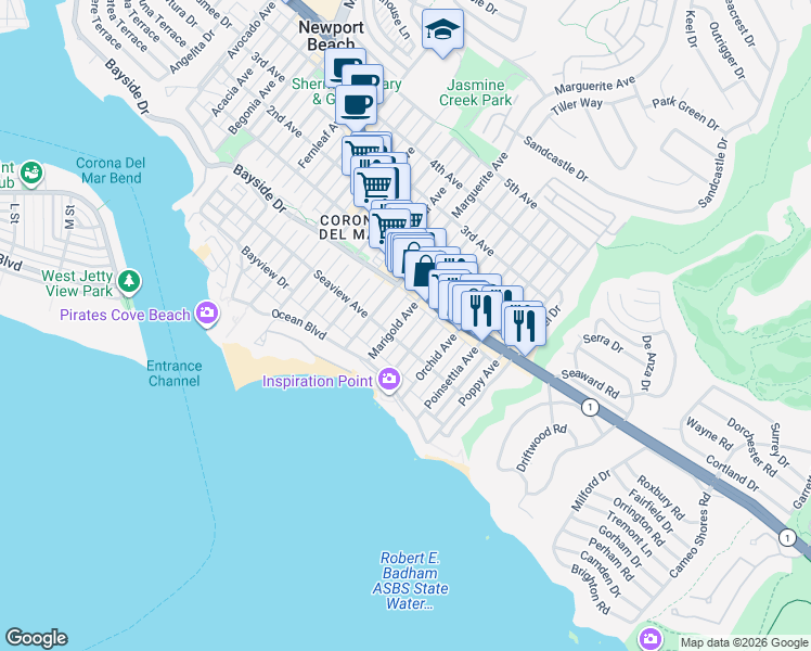 map of restaurants, bars, coffee shops, grocery stores, and more near 310 Marigold Avenue in Newport Beach