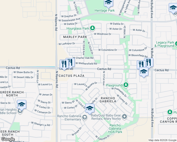 map of restaurants, bars, coffee shops, grocery stores, and more near 15224 West Desert Hills Drive in Surprise