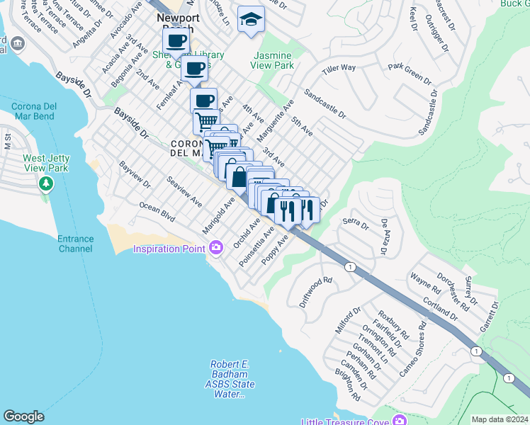 map of restaurants, bars, coffee shops, grocery stores, and more near in Newport Beach