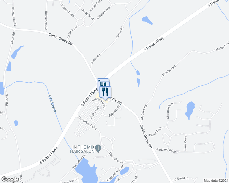map of restaurants, bars, coffee shops, grocery stores, and more near 7625 Cedar Grove Road in Fairburn