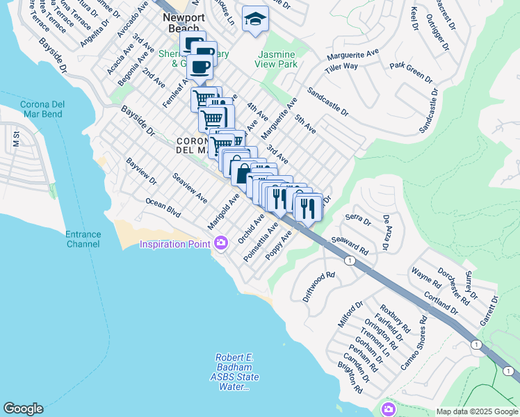 map of restaurants, bars, coffee shops, grocery stores, and more near 3707 East Coast Highway in Newport Beach