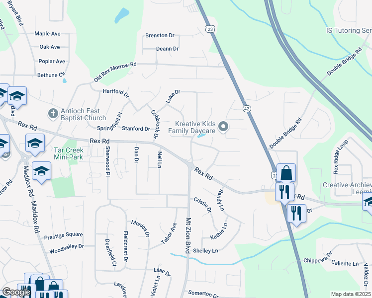 map of restaurants, bars, coffee shops, grocery stores, and more near 2655-2667 Rex Road in Ellenwood