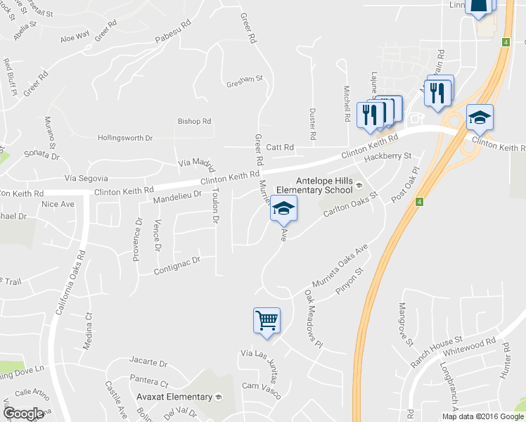 map of restaurants, bars, coffee shops, grocery stores, and more near 36228 Bur Oaks Avenue in Murrieta