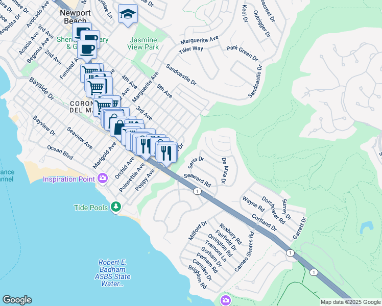 map of restaurants, bars, coffee shops, grocery stores, and more near 400 Cortes Circle in Newport Beach