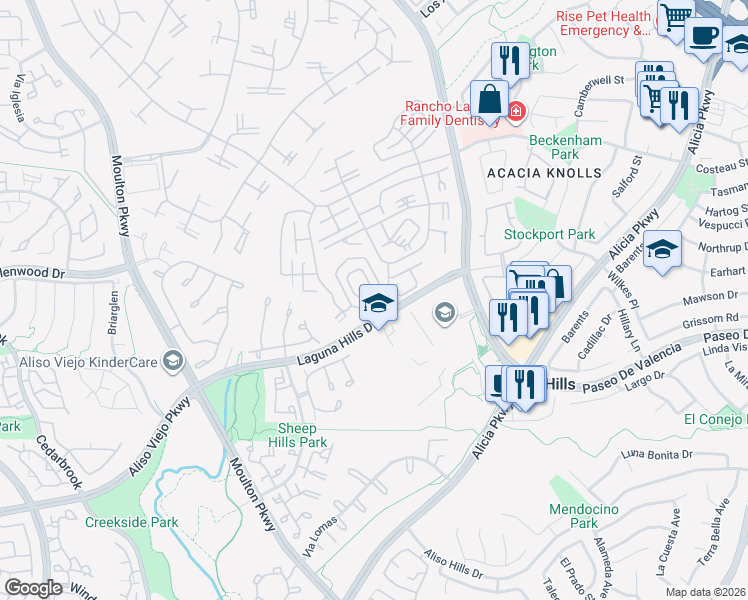 map of restaurants, bars, coffee shops, grocery stores, and more near 863 Ronda Mendoza in Laguna Woods
