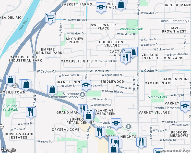 map of restaurants, bars, coffee shops, grocery stores, and more near 8625 West Paradise Drive in Peoria