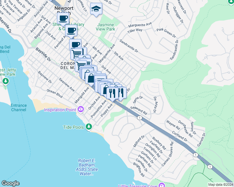 map of restaurants, bars, coffee shops, grocery stores, and more near 419 1/2 Poppy Avenue in Newport Beach