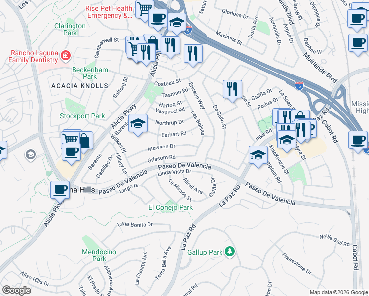 map of restaurants, bars, coffee shops, grocery stores, and more near 25242 Mawson Drive in Laguna Hills
