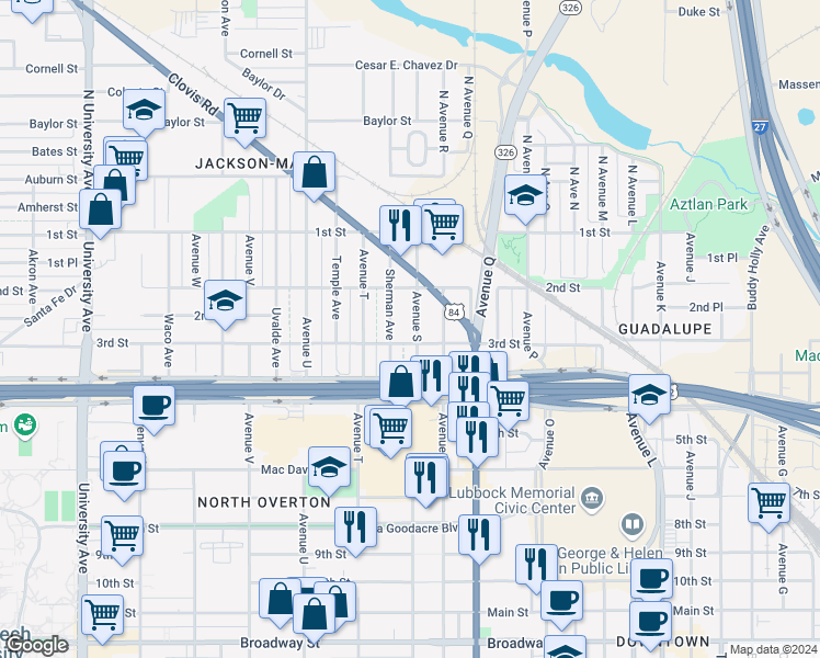 map of restaurants, bars, coffee shops, grocery stores, and more near 303 Avenue S in Lubbock