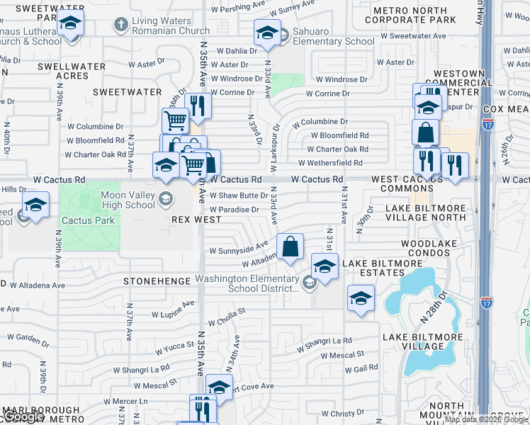 map of restaurants, bars, coffee shops, grocery stores, and more near 3244 West Sunnyside Avenue in Phoenix