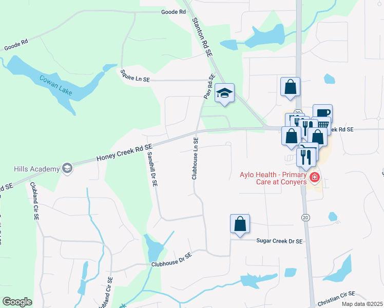 map of restaurants, bars, coffee shops, grocery stores, and more near 3557 Clubhouse Lane Southeast in Conyers