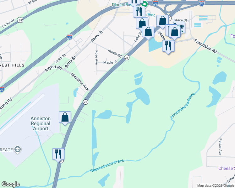 map of restaurants, bars, coffee shops, grocery stores, and more near 2255 Alabama 21 in Oxford