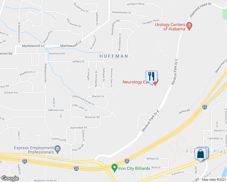 map of restaurants, bars, coffee shops, grocery stores, and more near 839 Sherman Oaks Drive in Birmingham
