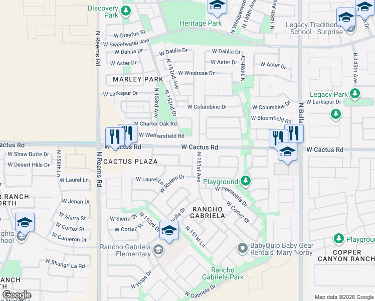 map of restaurants, bars, coffee shops, grocery stores, and more near 12150 North 151st Drive in Surprise