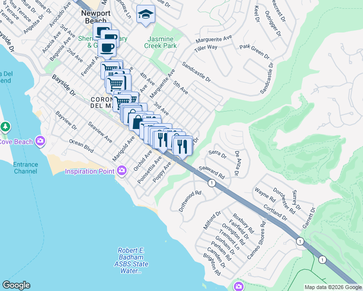map of restaurants, bars, coffee shops, grocery stores, and more near 423 Poppy Avenue in Newport Beach