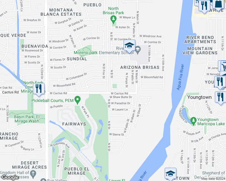 map of restaurants, bars, coffee shops, grocery stores, and more near 11845 West Wethersfield Road in El Mirage